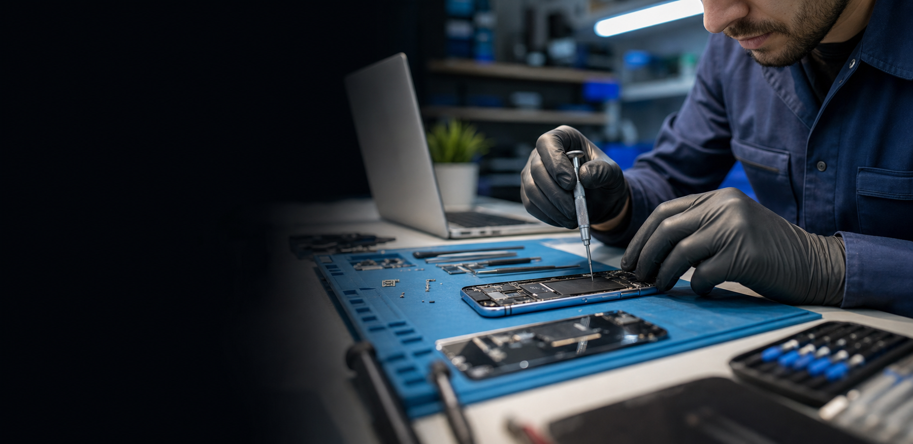 Técnico da CurrentTI Shop realizando reparo em celular