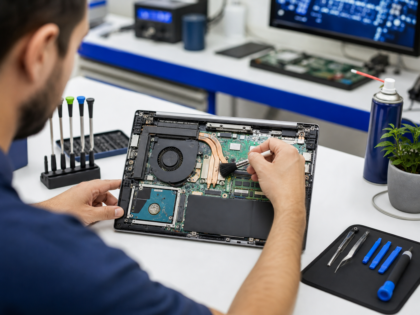 Técnico realizando manutenção em notebook